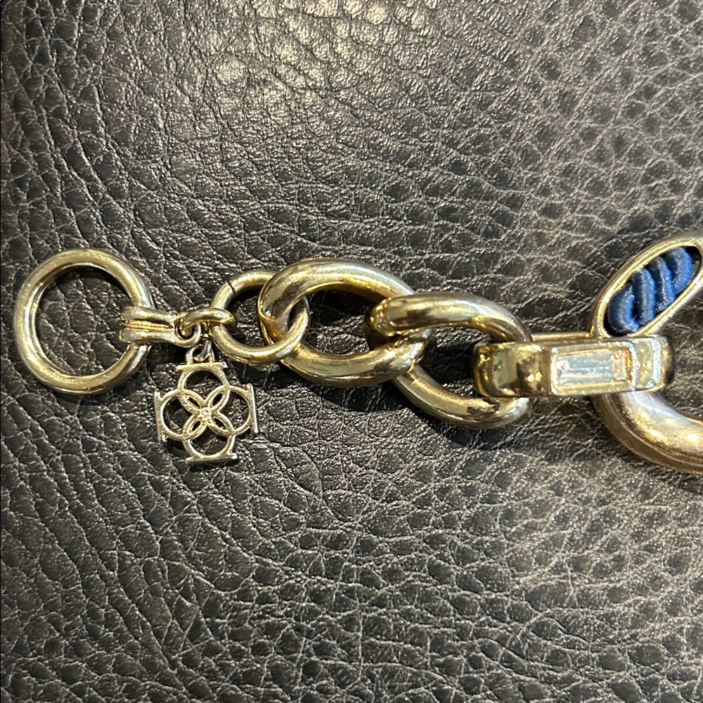 Anne Taylor Chunky Gold and Blue Fabric Chain Bracelet with two clear stones - Picture 6 of 6